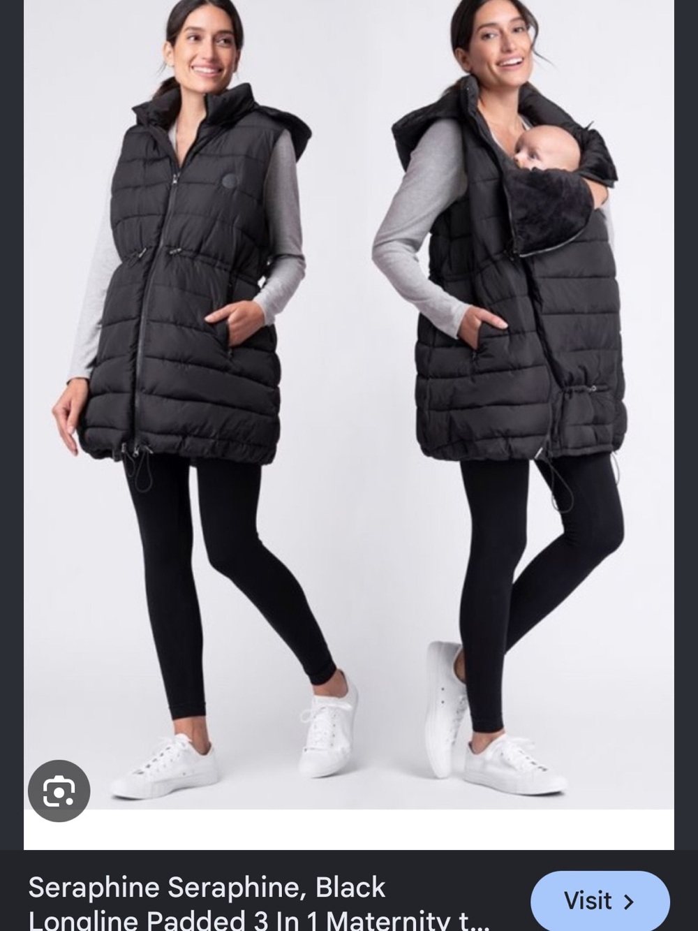 Seraphine Black Longline Padded Maternity Puffer Vest with Baby Insert